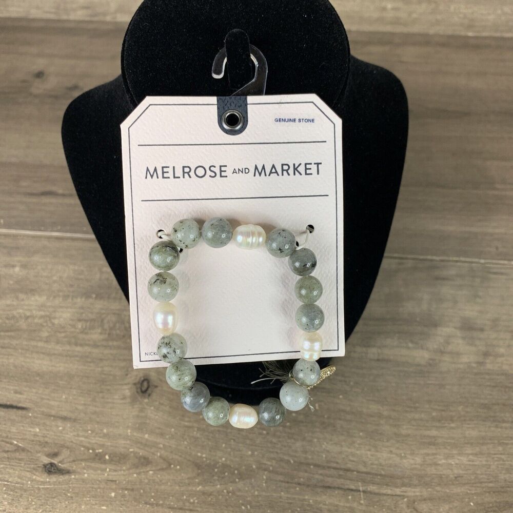 Melrose and Market Genuine Stone Beaded Bracelet Green Gold Half Moon Tassel
